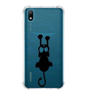 Huawei Y5 2019  Köşe Korumalı Antişok Kapak Çizgi Kedi (Siyah) Tasarımlı Şeffaf Kılıf