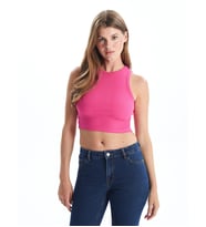 LCW Vision Fuşya Bisiklet Yaka Dokulu Kadın Crop