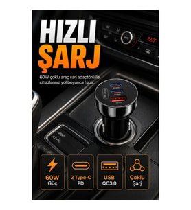 60W Çoklu Araç Şarj Adaptörü – 2 Type-C PD ve USB QC3.0