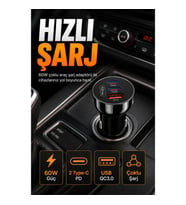 60W Çoklu Araç Şarj Adaptörü – 2 Type-C PD ve USB QC3.0