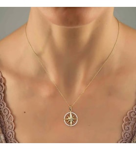 14 Ayar Gold Kaplama Pusula Figürlü Taşlı Kolye , Gold Çember Kutup Yıldızı Kolye