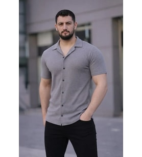 Erkek Waffle Kumaş Kısa Kollu Düğmeli Açık Yaka Regular Fit Gömlek - Gri