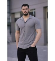 Erkek Waffle Kumaş Kısa Kollu Düğmeli Açık Yaka Regular Fit Gömlek - Gri