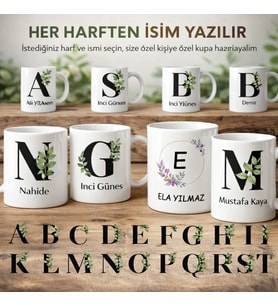 Kişiye Özel Harfli İsimli Kupa Bardak Botanik Alfabe Tasarımlı 330 ml Seramik (Parlak Beyaz)