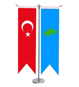 Masa Üstü Kırlangıç Göktürk Devleti + Türk Bayrağı + Krom T Direk Masa Bayrak Seti