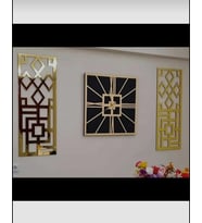 Dekoratif Hediyelik Aynalı Pleksiglass El Boyaması Gold - Siyah Tablo Duvar Saati 3'lü Set 40x40 cm