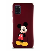 Samsung Galaxy A31 Soft Premier Kapak Mickey Mouse-B Tasarımlı Silikon Kılıf - Mürdüm (Şeffaf)