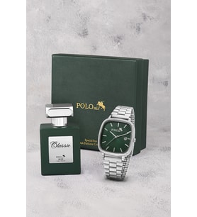 Polo Air Takvimli Dikdörtgen Kasa Hasır Metal Kordon Erkek Kol Saati Ve 55 ml Parfüm Gümüş Yeşil Renk ST-5022E5