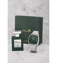 Polo Air Takvimli Dikdörtgen Kasa Hasır Metal Kordon Erkek Kol Saati Ve 55 ml Parfüm Gümüş Yeşil Renk ST-5022E5
