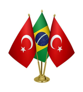 Masa Üstü Brezilya Bayrağı Türk Bayrağı Üçlü Pirinç Direk Masa Bayrak Seti