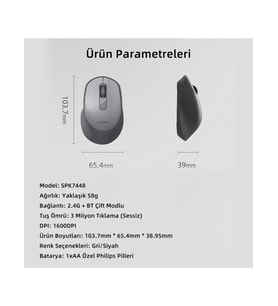 PHILIPS SPK7448 Kablosuz Bluetooth Mouse 1600 DPI Gri Kablosuz Mouse