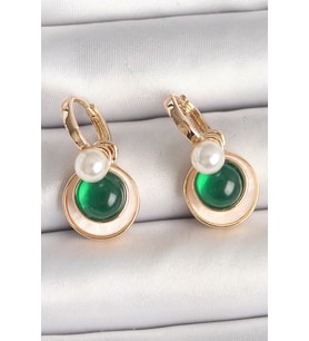 Pirinç Gold Renk Beyaz Yeşil Sallantı Mineli Kadın Küpe 5886