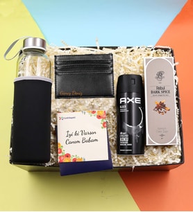 Kişiye Özel Siyah Kartlık & Erkek Deodorant & Kılıflı 500Ml Su Matarası & Rebul Kolonya Hediye Seti
