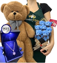 Kişiye Özel Fotoğraflı VIP Set - Işıklı Kutuda 925 Ayar Gümüş Kolye & Kahve Ayıcık & 7'li Ayıcık Buketi (Model 1)