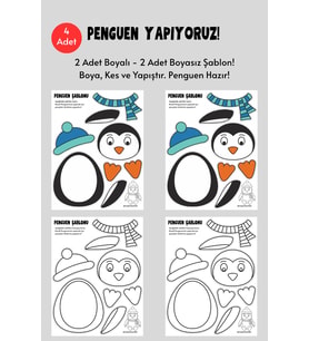 Penguen Şablonu, 4 Adet A4 Boyut, Kalın ve Sert Kağıt.