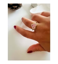 AYARLANABİLİR PEMBE TAŞLI ÇELİK KALP YÜZÜK GOLD RENK ACR1797