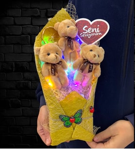 Seni Seviyorum Renkli Led Işıklı Premium Peluş Hardal Ayıcık Buketi