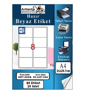 A4 Hazır Etiket 99.1x67.7 mm 10 Sayfa 1 Paket Kendinden Yapışkanlı Fotokopi Lazer İnkjet Kağıdı Yazıcılar İçin Uyumlu (Beyaz)