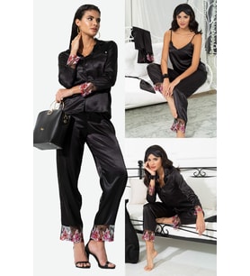 6'lı Saten Brodeli Siyah Pijama Takım