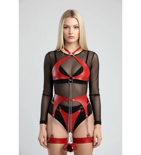 Mulvxbrf Brf02 Kırmızı Harness Takım Suni Deri Zincir Detaylı Vücut Kemeri - Brf1219 (Mulvix)