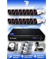PICAM 16 Kameralı Kare 16 Dış Kamera Set 500 GB HDD Full HD Gece Görüşlü Güvenlik Kamerası Sistemi