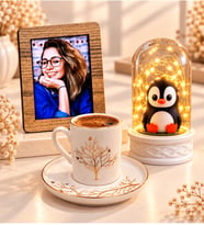 Kişiye Özel Fotoğraflı Hayat Ağacı Desenli Porselen Kahve Fincanı ve LED Penguenli Fanus