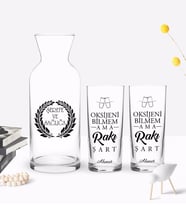 BK Gift Kişiye Özel Renkli Baskılı Oksijeni Bilmem Tasarımlı İkili Rakı Bardağı ve Karaf Hediye Seti-1 (Model 1)