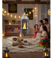 Ledli Asmalı Eskitme Model Dekoratif Fener 20 Cm Gümüş Kendinden Pilli