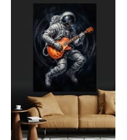 Uzayda Gitar Çalan Modern Astronot Dekoratif Kanvas - Mdf Ahşap Tablo