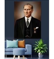 Siyah Takım Elbiseli Atatürk Dekoratif Kanvas - Mdf Ahşap Tablo