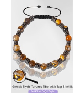 Sertifikalı Silver Hematitli Doğal Siyah Turuncu Akik Taşı Bileklik - Tibet Akiği (Çok Renkli)