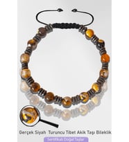 Sertifikalı Silver Hematitli Doğal Siyah Turuncu Akik Taşı Bileklik - Tibet Akiği (Çok Renkli)