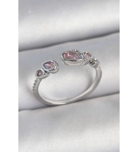 Pirinç Gümüş Renk Pembe Damla Zirkon Taşlı Ayarlanabilir Model Kadın Yüzük - TJ-BYK3734