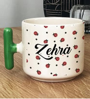Kişiye Özel Uğur Böceği Desenli Hediye T Kupa Bardak İsimli İsim Yazılı (Yeşil)