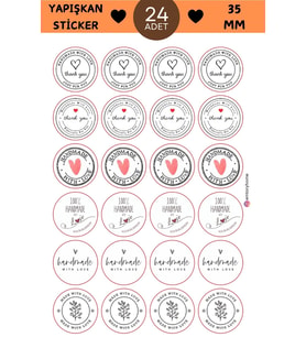 24 Adet - Beyaz Handmade Love Kolaj Sticker - Paketleme Sticker - Hediye Paketi - Love Sticker
