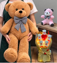 Muhteşem Hediye Seti Kahve Büyük Peluş Ayıcık, Led Işıklı Buket ve Anahtarlık Seti (Model 5)