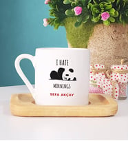 Sevimli Panda Türk Kahvesi Fincanı Ahşap Altlıklı