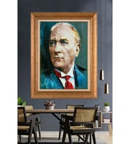 Altın Varaklı Çerçeveli Paspartulu Atatürk Tablo nh334 (Gold)