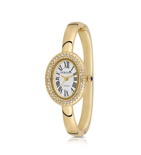 Polo Air Kelepçeli Lüx Taşlı Oval Kasa Romen Rakamlı Kadın Kol Saati Gold Renk PL-1588B1x