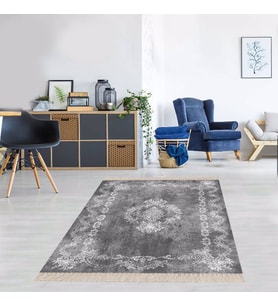 Osmanlı Desen Çerçeveli Dijital Baskı Yıkanabilir Kaymaz Taban Klasik Salon Halısı ve Yolluk (Gri)