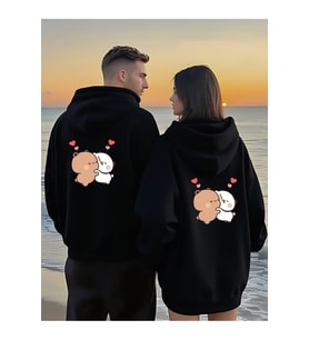 Romantik Çift Sweatshirt Sevimli Ayıcık Desenli Oversize Kapüşonlu Hoodie 2'li Set (Siyah)