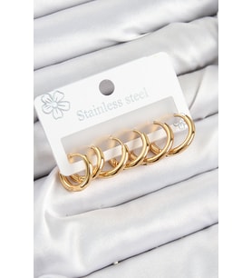 316L Çelik Halka Model Gold Renk 3'lü Set Kadın Küpe (Altın)