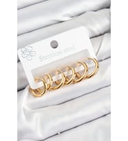 316L Çelik Halka Model Gold Renk 3'lü Set Kadın Küpe (Altın)