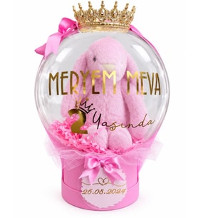 Taçlı Peluş Tavşanlı Balon Kutusu Pembe
