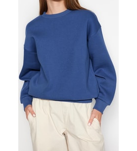 Regular Bisiklet Yaka Düşük Kol Regular Kalın İçi Polarlı Normal Kalıp Basic Örme Sweatshirt