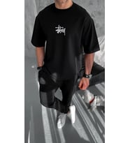 Erkek Kısa Kol Yazlık Tişört Bisiklet Yaka Baskılı Oversize T-Shirt - Siyah