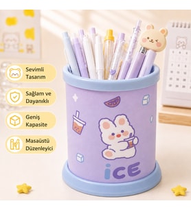 Kawaii Teddy Ayıcık Rabbit Tavşan Desenli Masaüstü Kalemlik Organizer – Geniş Kapasiteli Sevimli Kırtasiye Düzenleyici