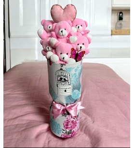 Premium Yumoş Pembe Peluş Ayıcık Buketi Kalp Yastıklı Vazo Tasarım 45 cm