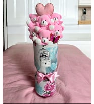 Premium Yumoş Pembe Peluş Ayıcık Buketi Kalp Yastıklı Vazo Tasarım 45 cm
