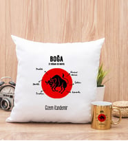 Kişiye Özel Boğa Burcuna Hediye Kare Yastık ve Gold Kupa